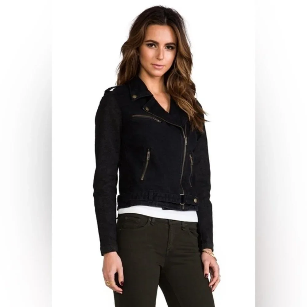 Current/Elliott Biker Jacket Size Small Black‎ Grey Dark Denim Moto 